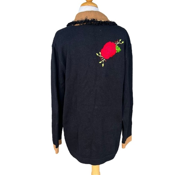 VTG Storybook Knits Holiday Floral Cardigan Sweater Embellished Black Gold Large - Picture 3 of 16
